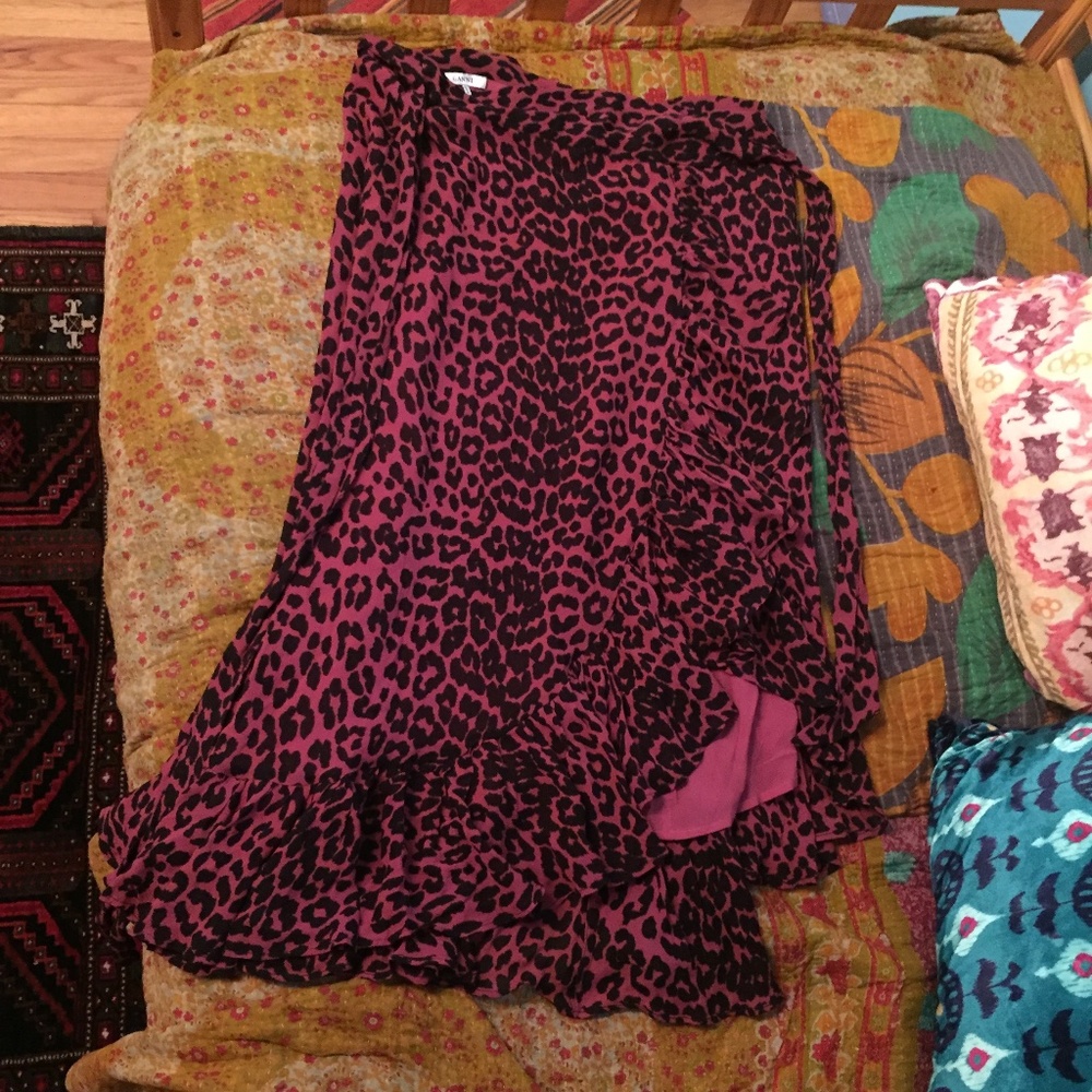 Ganni Red Leopard Maxi Wrap Skirt